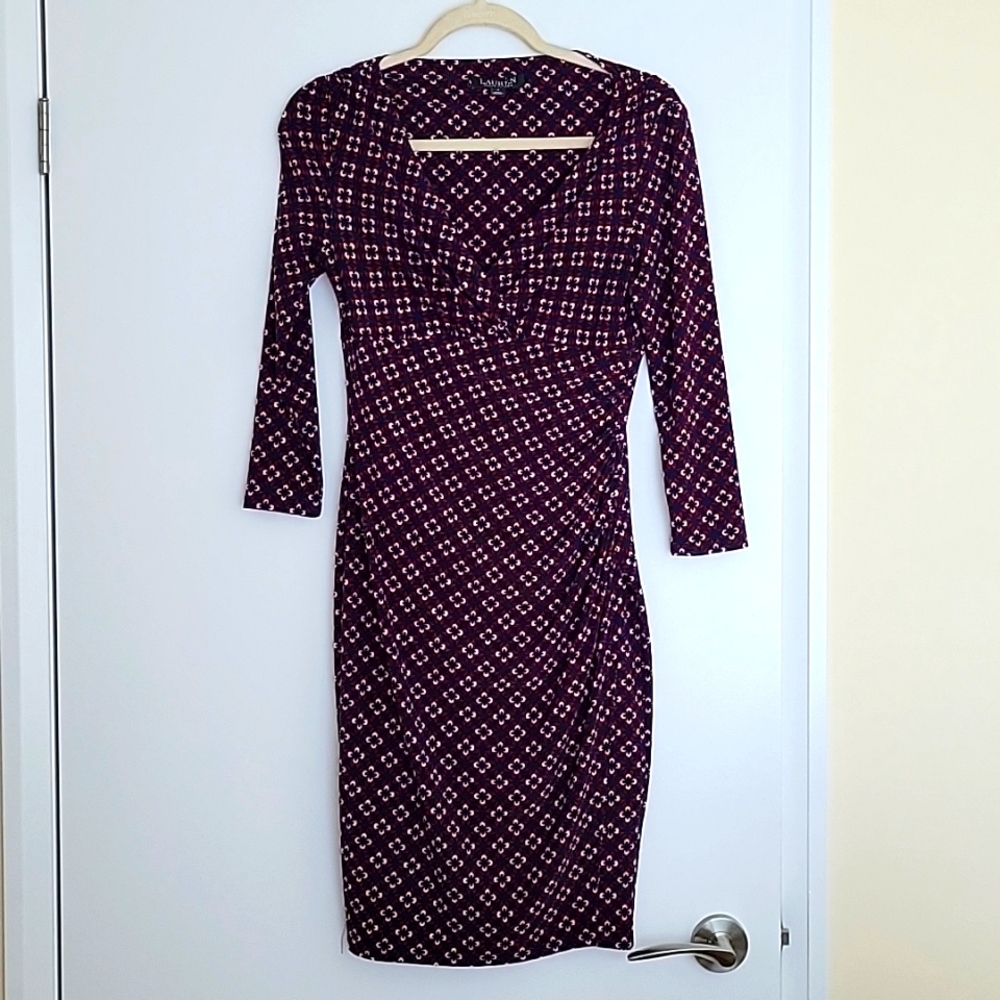 Ralph Lauren Plum Geometric Wrap-Style Sheath Dress, retro print